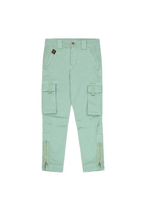 Mintgroene cargobroek met meerdere zakken, ritssluitingen aan de zijkanten en een knoopsluiting. Gemaakt van lichtgewicht stof.