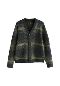 Dunkelgrauer Cardigan mit grünem Karomuster, V-Ausschnitt und fünf Kn�öpfen. Strukturierter Strickstoff, lange Ärmel, lockere Passform.