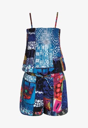 Tuta senza maniche con spalline sottili regolabili, vita elastica con coulisse e design patchwork con motivi blu, viola, rossi e multicolori.