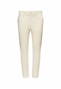 Pantaloni slim-fit beige chiaro in una morbida miscela di cotone, con chiusura frontale a bottone e design standard a cinque tasche.