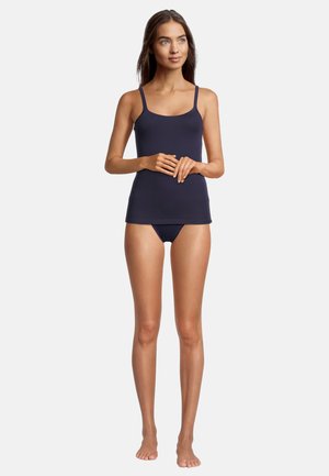 Navy blue tank top with spaghetti straps and matching bikini bottom. The fabric has a smooth texture and a fitted design.