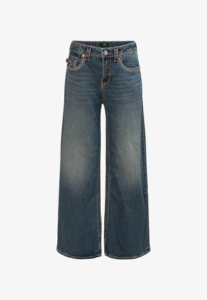Jeans mit weitem Bein in mittelblauer Denim mit leichten Verblassungen. Ausgestattet mit orangefarbenen Nähten, fünf Taschen und einem vorderen Knopfverschluss.