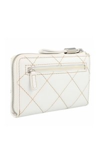 Portafoglio bianco in pelle con motivo a rombi, cuciture beige, chiusura con zip e tasca esterna. Dotato di un cinturino da polso e accessori in metallo.