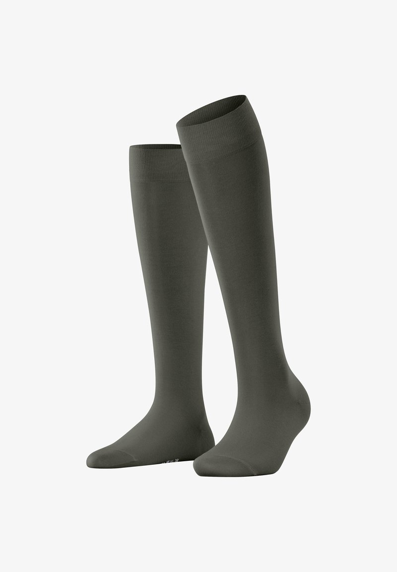 Kniestrümpfe aus dunkelgrünem Nylon-Mix. Glatte Textur, eng anliegendes Design, verstärkte Zehenpartie und gepolsterte Sohle für Komfort.