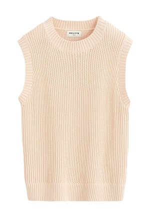 Gilet en tricot beige sans manches avec col, emmanchures et ourlet côtelés, présentant un motif de point vertical texturé.