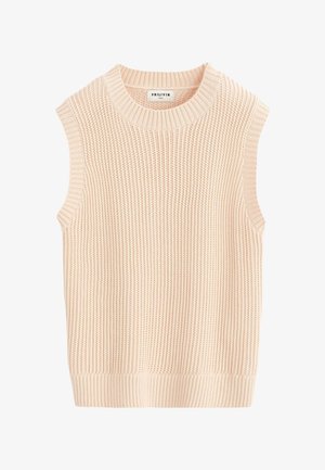 Gilet en tricot beige sans manches avec col, emmanchures et ourlet côtelés, présentant un motif de point vertical texturé.