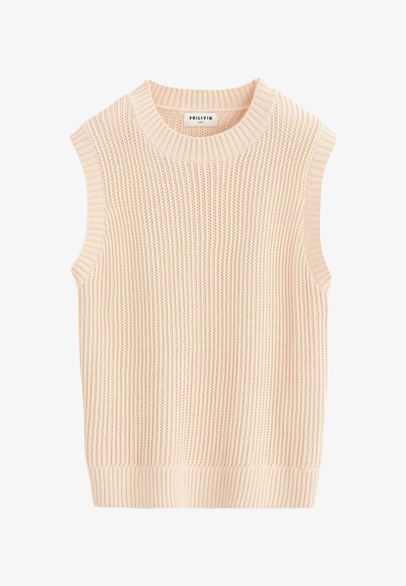 Gilet en tricot beige sans manches avec col, emmanchures et ourlet côtelés, présentant un motif de point vertical texturé.