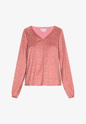 Blusa a maniche lunghe con scollatura a V in rosa con un motivo floreale in crema. Presenta un colletto rosa uniforme e una vestibilità comoda. Tessuto morbido e leggero.