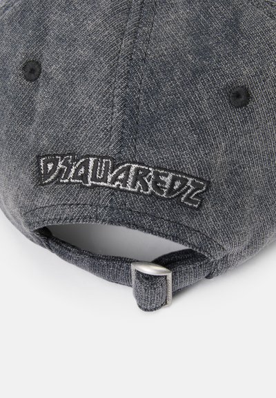 Dark gray cap made of textured fabric. Features an embroidered logo "DSQUARED2" on the back with a metal buckle for adjustment.
