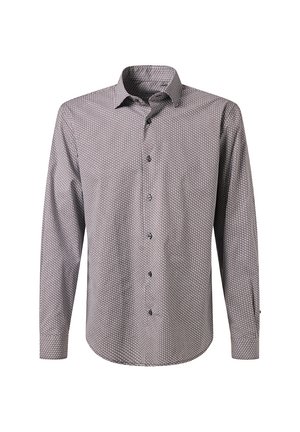 Camicia da uomo a maniche lunghe con un piccolo motivo geometrico in rosso, nero e bianco, caratterizzata da un colletto classico e polsini con bottoni.