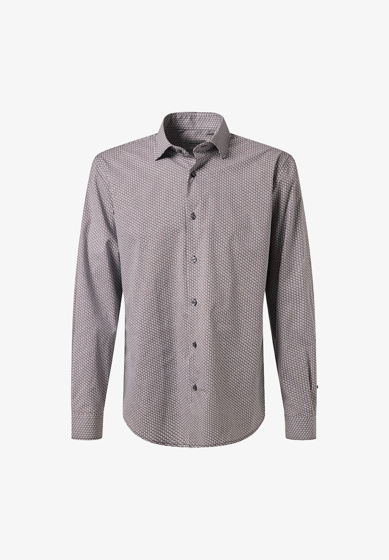 Camicia da uomo a maniche lunghe con un piccolo motivo geometrico in rosso, nero e bianco, caratterizzata da un colletto classico e polsini con bottoni.