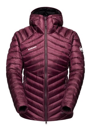 Purple insulated hooded jacket with front zipper and Mammut logo on chest and sleeve, designed for outdoor cold weather.