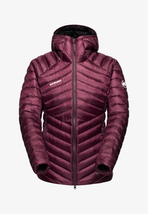 Purple insulated hooded jacket with front zipper and Mammut logo on chest and sleeve, designed for outdoor cold weather.