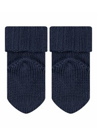 Dunkelblaue gestrickte Socken mit einem gerippten Bund und taillierter Form, mit einer strukturierten Oberfläche und spitzen Zehen.
