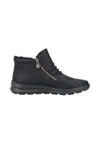 Black ankle boots made of textured synthetic leather, featuring a side zipper and a soft fur-like collar for added comfort.