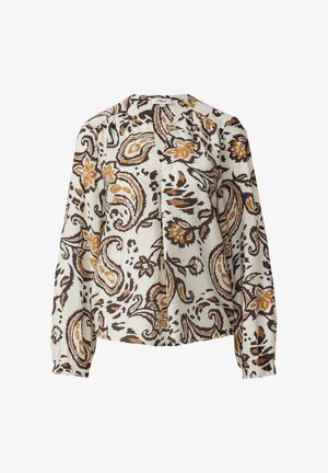 Long-sleeved blouse in cream with a paisley pattern in brown and orange. Features a rounded neckline and gathered cuffs. Lightweight fabric.