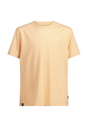 T-shirt à manches courtes en coton doux, léger pêche. Encolure ronde, coupe droite, avec un petit logo brodé en bas à gauche.