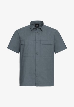 Kurzarmhemd in Dunkelgrau mit strukturierter Stoffqualität, durchgehender Knopfleiste und zwei Brusttaschen mit Klappen.