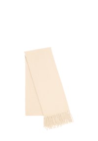 Sciarpa beige realizzata in un tessuto morbido, con una consistenza liscia e bordi frangiati. Forma rettangolare con un colore uniforme in tutta la superficie.