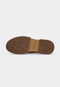 Semelle d'une chaussure Roxy marron avec des empreintes à motifs comportant des logos triangulaires et le nom de la marque embossé dans la partie centrale.
