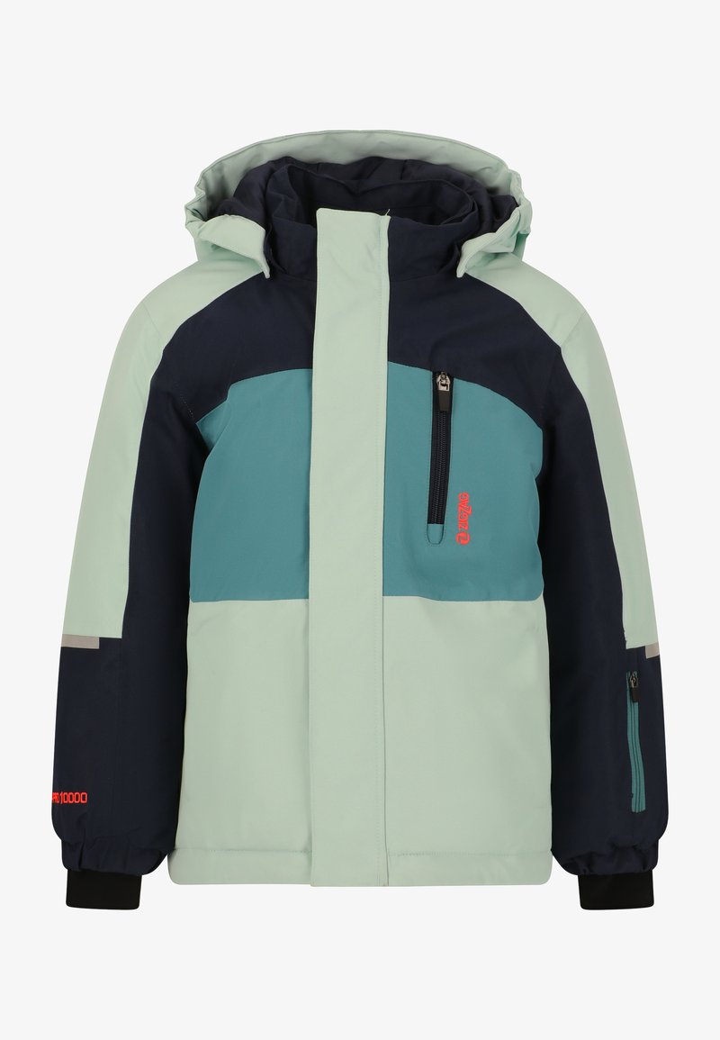 Veste colorée avec des sections vert clair, vert foncé et bleu marine, dotée d'une poche frontale zippée et de manches à poignets. Matériau imperméable.