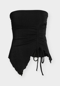 Μαύρο στράπλες τοπ με ραφές, ασύμμετρο τελείωμα που θυμίζει μαντήλι και μπροστινό δέσιμο, κατασκευασμένο από λείο, ελαφρώς γυαλιστερό ύφασμα.