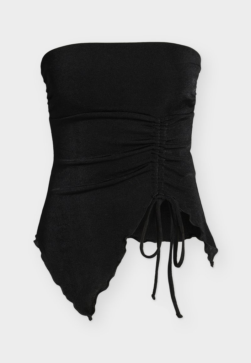 Μαύρο στράπλες τοπ με ραφές, ασύμμετρο τελείωμα που θυμίζει μαντήλι και μπροστινό δέσιμο, κατασκευασμένο από λείο, ελαφρώς γυαλιστερό ύφασμα.