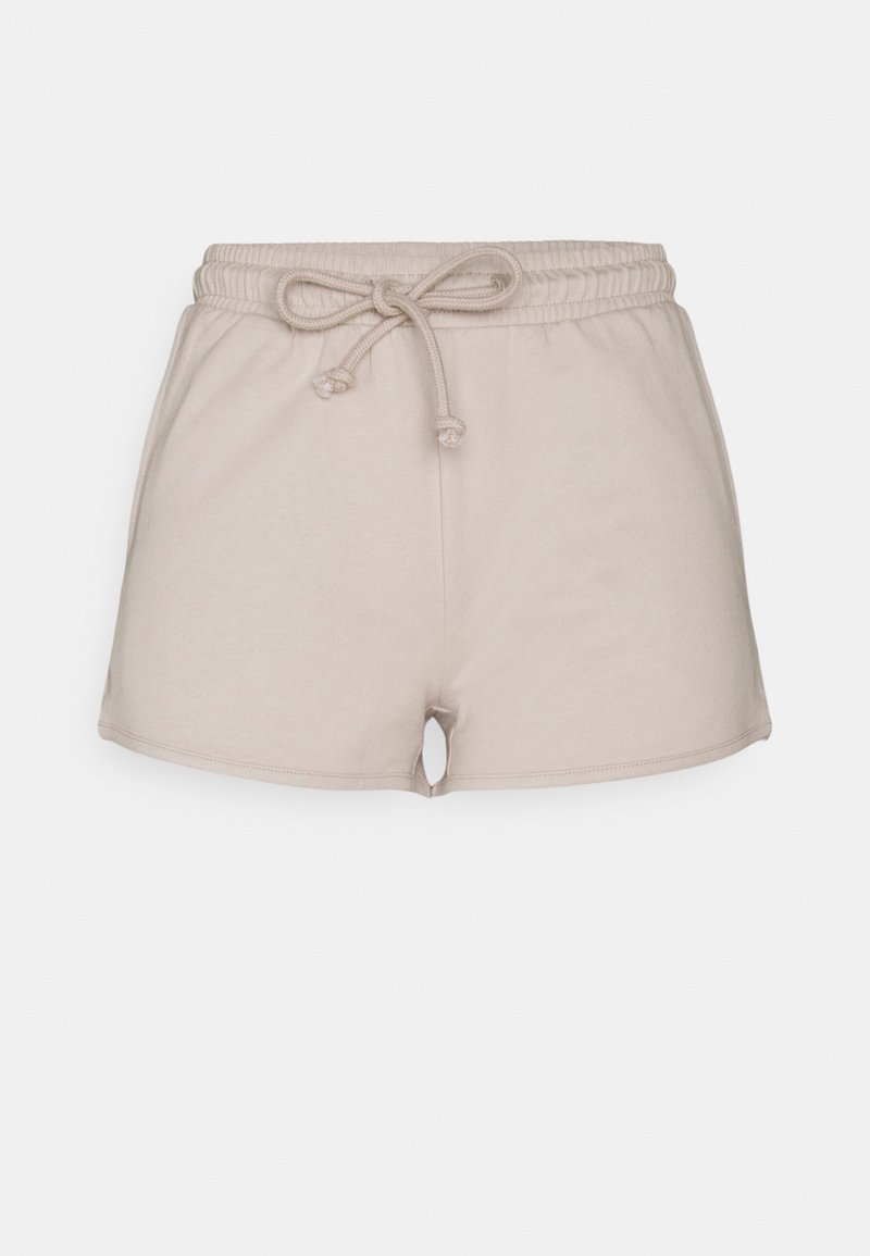 Shorts décontractés beige avec une ceinture élastique et un cordon, présentés sur un fond uni.