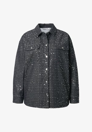 Black jacket with a button-up front and two chest pockets, covered in sequins for texture and shine. Classic collar and long sleeves.