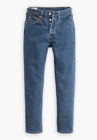 Jean en denim de couleur bleu moyen avec une coupe droite, comportant cinq poches, une fermeture à bouton en métal et un léger délavage sur le tissu.