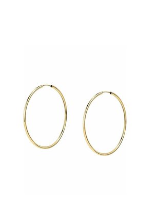 Gold hoop earrings with a thin design, circular shape, and smooth finish. Each earring features a secure closure mechanism.