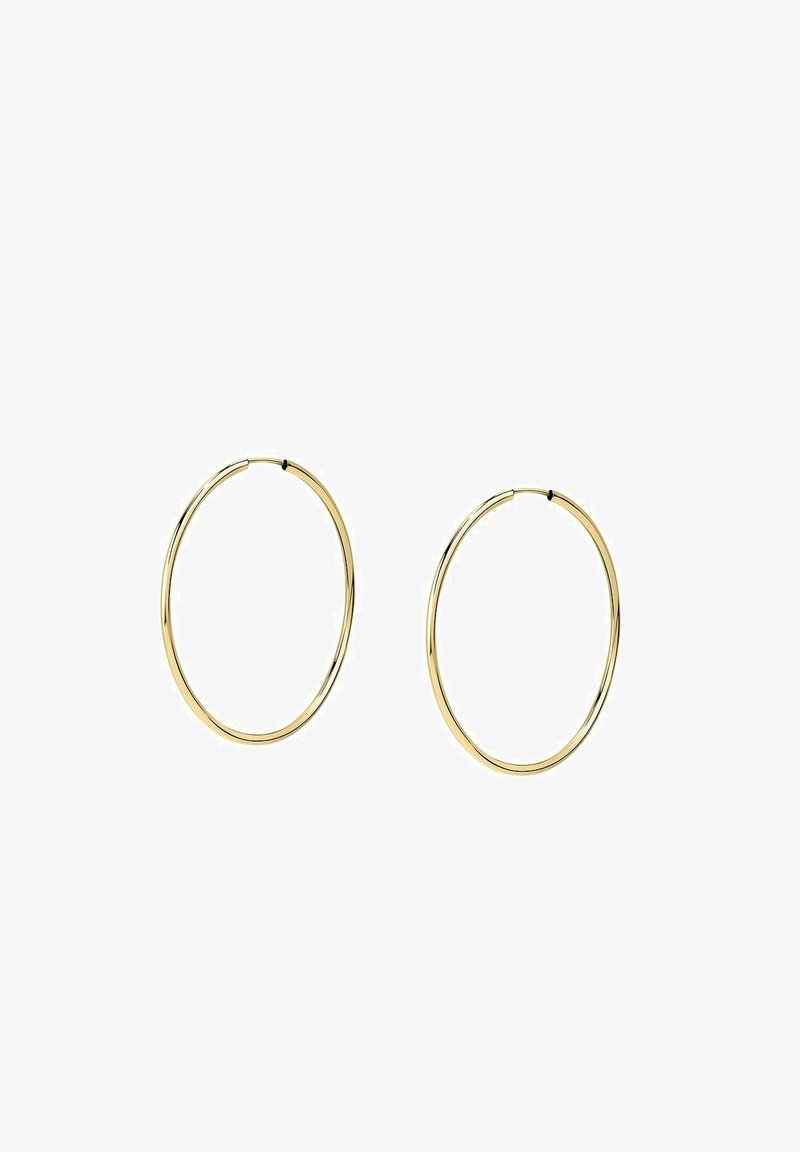 Gold hoop earrings with a thin design, circular shape, and smooth finish. Each earring features a secure closure mechanism.