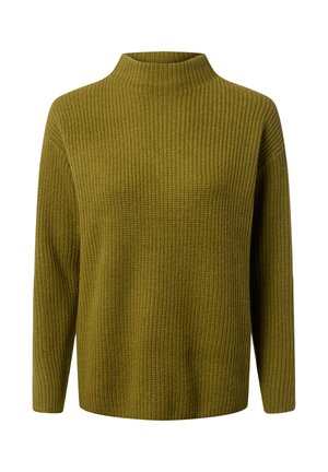 Oliwkowy sweter dzianinowy z wysokim dekoltem, prążkowaną fakturą, długimi rękawami i luźnym krojem, zapewniający swobodną sylwetkę.