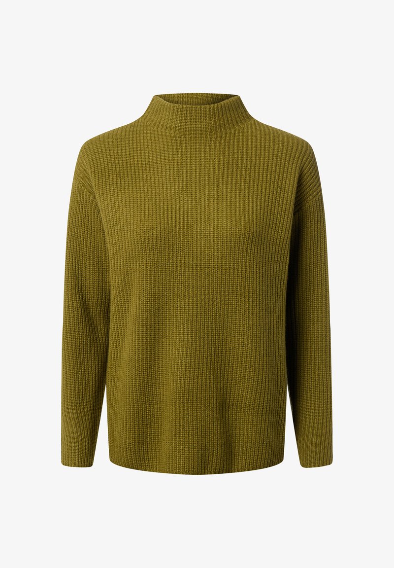 Pull en tricot vert olive avec un col montant, une texture côtelée, des manches longues et une coupe ample, offrant une silhouette décontractée.