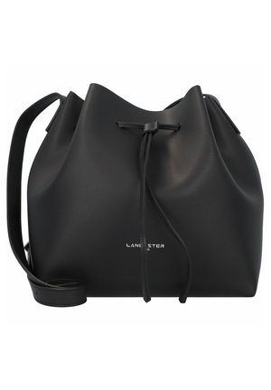 Black bucket bag made of smooth leather, featuring a drawstring closure and adjustable strap. Logo printed in silver at the front.