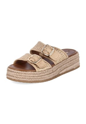 Sandale compensée beige avec deux brides réglables, boucles dorées, texture tissée et semelle plateforme en matériau tressé.