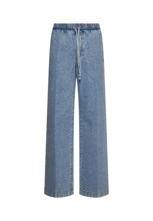Pantaloni in denim azzurro chiaro a gamba larga con vita elastica e coulisse bianca e blu sul davanti.