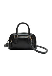 Sac à main en cuir noir avec deux poignées supérieures, une bandoulière amovible, une poche zippée et des accents en métal doré. Forme compacte et structurée.