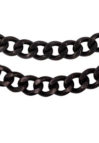 Catena in metallo nero con collegamenti intrecciati e finitura lucida. I collegamenti hanno una forma ovale con una superficie testurizzata per un maggiore dettaglio.