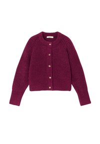 Cardigan en tricot bordeaux foncé, avec un col rond, des manches longues et six boutons dorés au centre.
