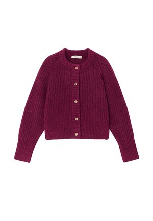 Cardigan en tricot bordeaux foncé, avec un col rond, des manches longues et six boutons dorés au centre.
