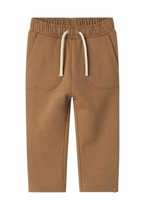 Pantalones jogger de algodón marrón con cintura elástica, cierre de cordón, dos bolsillos laterales y un parche con logo en la parte inferior izquierda.