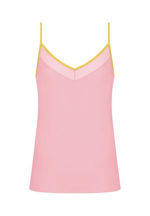 Roze hemdje met dunne gele bandjes. Heeft een V-halsontwerp en een zachte, gladde textuur. Eenvoudige en minimalistische stijl.