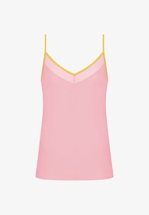 Camisole rosa con sottili spalline gialle. Presenta un design con scollo a V e una consistenza morbida e liscia. Stile semplice e minimalista.