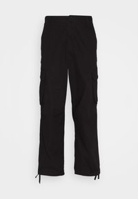 Schwarze Cargo-Hosen aus Stoff, mit zwei Seitentaschen, einem geraden Bein Design und verstellbaren Zugbändern am Saum.
