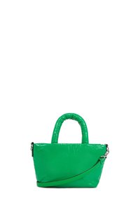 Groene leren handtas met een gladde textuur, twee afgeronde handgrepen en een verstelbare schouderriem. Voorzien van een ritssluiting en een minimalistisch ontwerp.