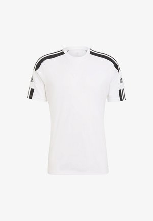 Biała sportowa koszulka Adidas z krótkim rękawem, czarne paski na ramionach i rękawach, logo Adidas na obu rękawach.