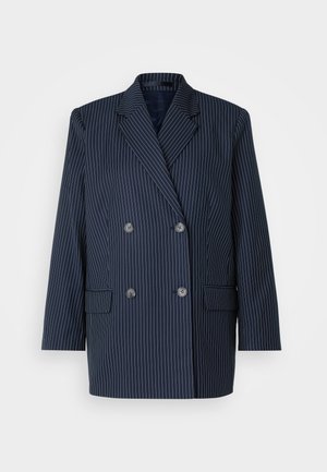 Blazer bleu marine croisé avec des rayures blanches, revers crantés, deux poches avant et six boutons. Fabriqué en tissu lisse.