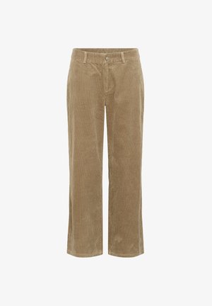 Beige corduroy pants with belt loops, front button, zip closure, and straight leg fit.