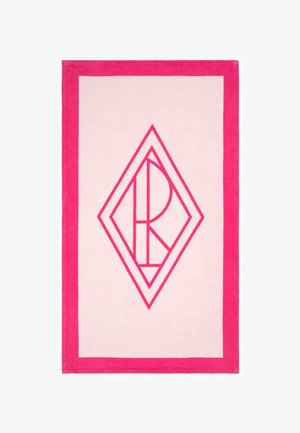 Tapis tissé rose et crème présentant un motif géométrique en forme de losange en rose vif, avec une bordure rose unie et une texture douce.